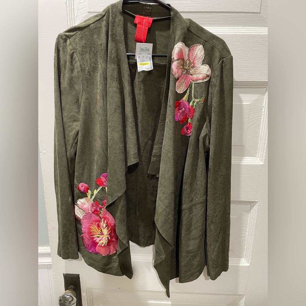 Floral Embroidered Olive Green Cardigan, Bohemian, Size Large